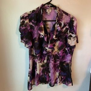 Purple Floral Short Sleeve Blouse